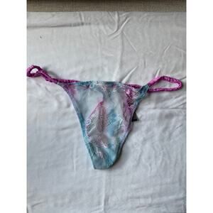 NWOT Victoria’s Secret Lace V-String Thong XL Pastel Blue Pink Mesh Ribbon Panty